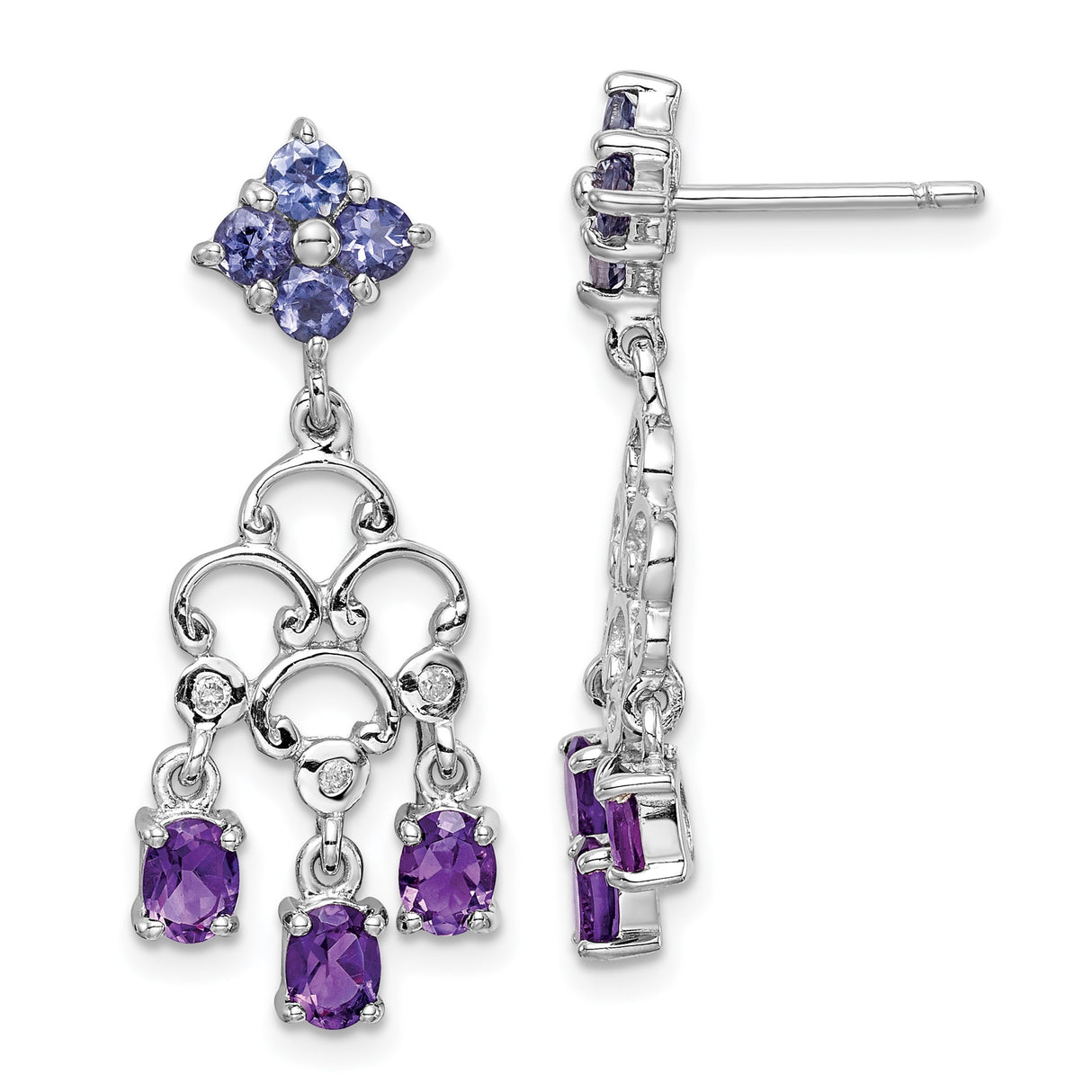Sterling Silver Dangle Earrings with Amethyst and Iolite, Floral Chandelier Style for Women