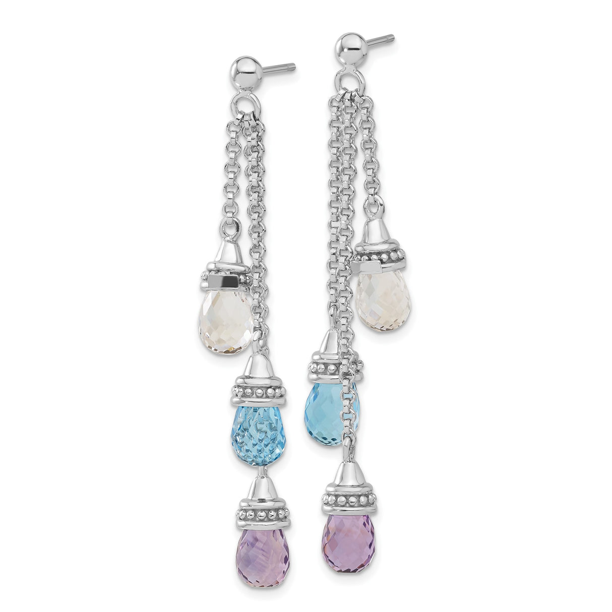 Sterling Silver Dangle Earrings with Amethyst and Swiss Blue Topaz, Layered Boho Chic Style