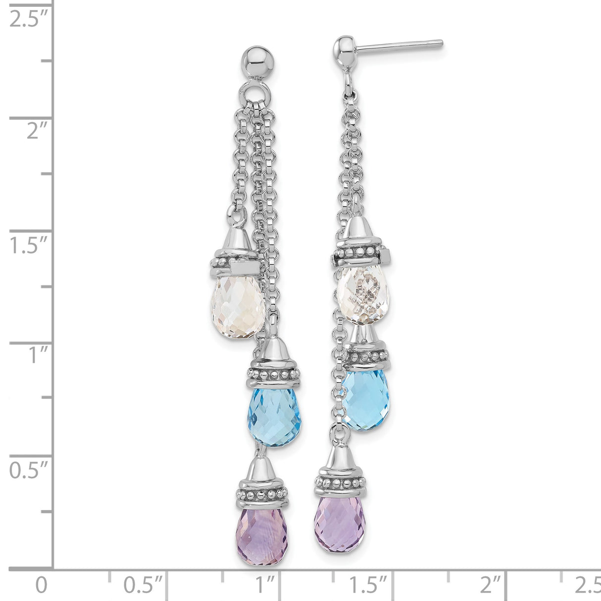 Sterling Silver Dangle Earrings with Amethyst and Swiss Blue Topaz, Layered Boho Chic Style