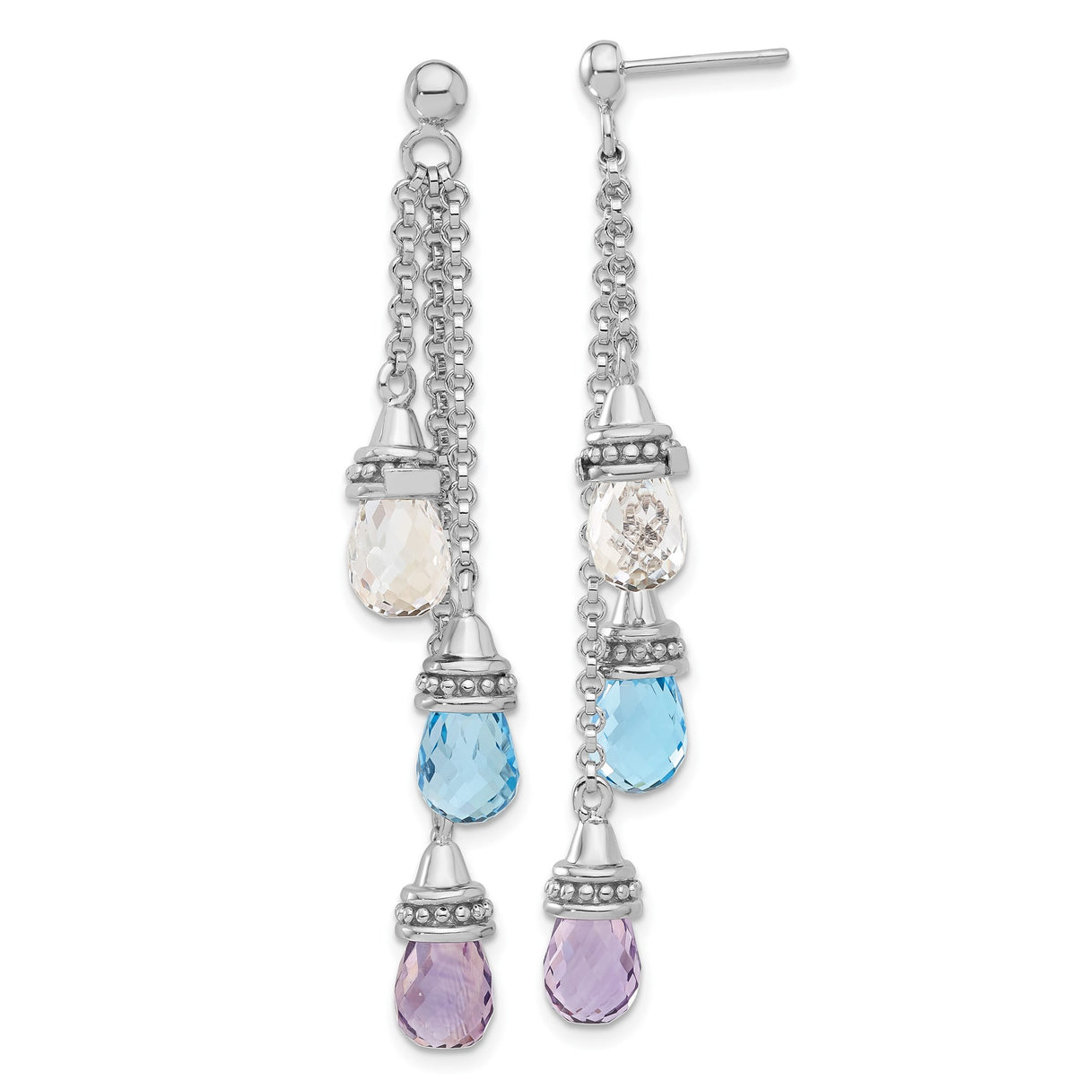 Sterling Silver Dangle Earrings with Amethyst and Swiss Blue Topaz, Layered Boho Chic Style