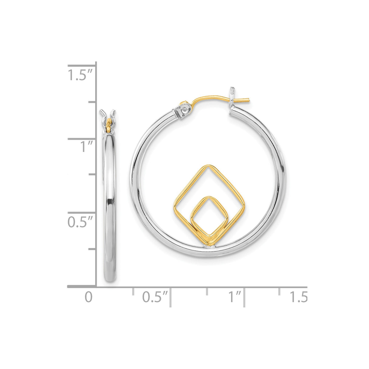 Sterling Silver Hoop Earrings with Interlocking Gold-Tone Geometric Accents, Modern Minimalist Design
