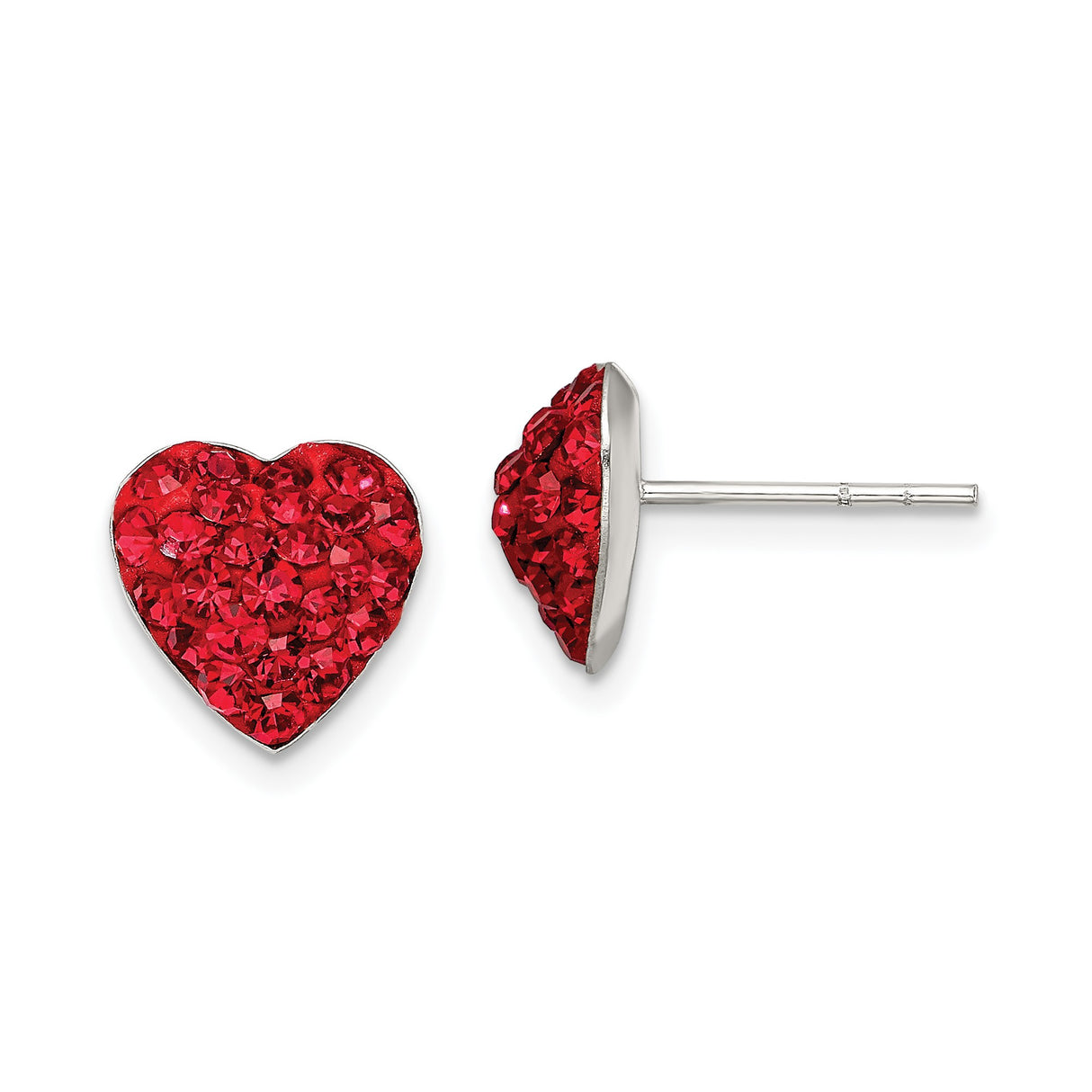 Sterling Silver Heart Stud Earrings with Red Crystal Accents for Women