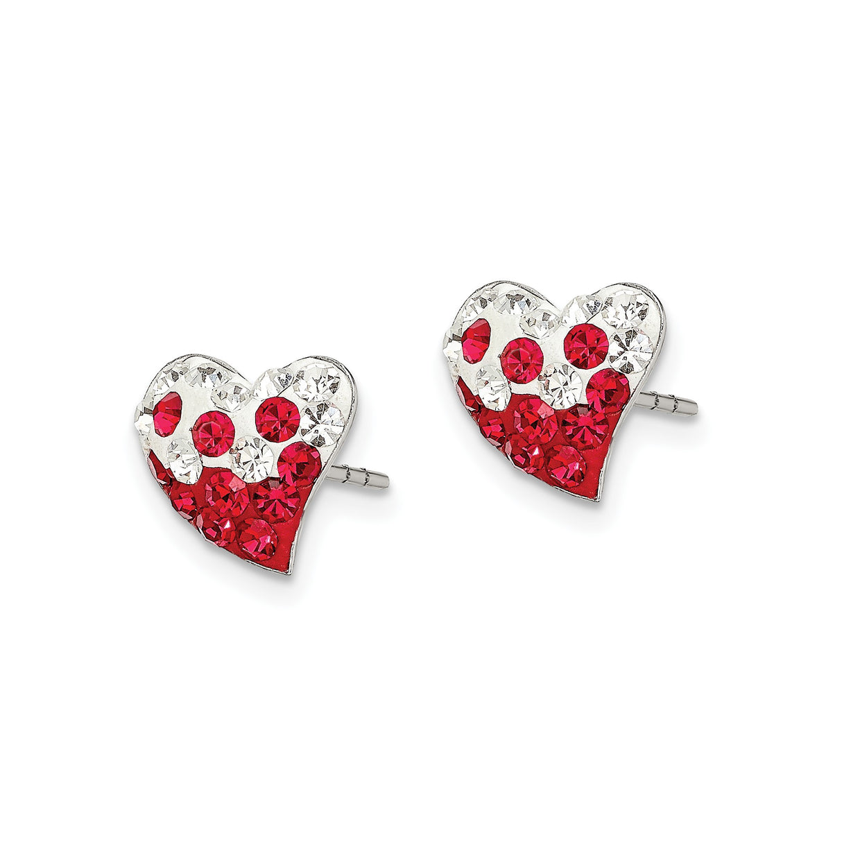 Sterling Silver Heart Shaped Stud Earrings with Red and Clear Crystals, Romantic Jewelry for Women