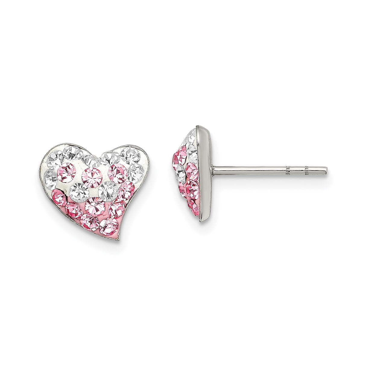 Sterling Silver Heart Shaped Stud Earrings with Pink and Clear Crystals, Romantic Design