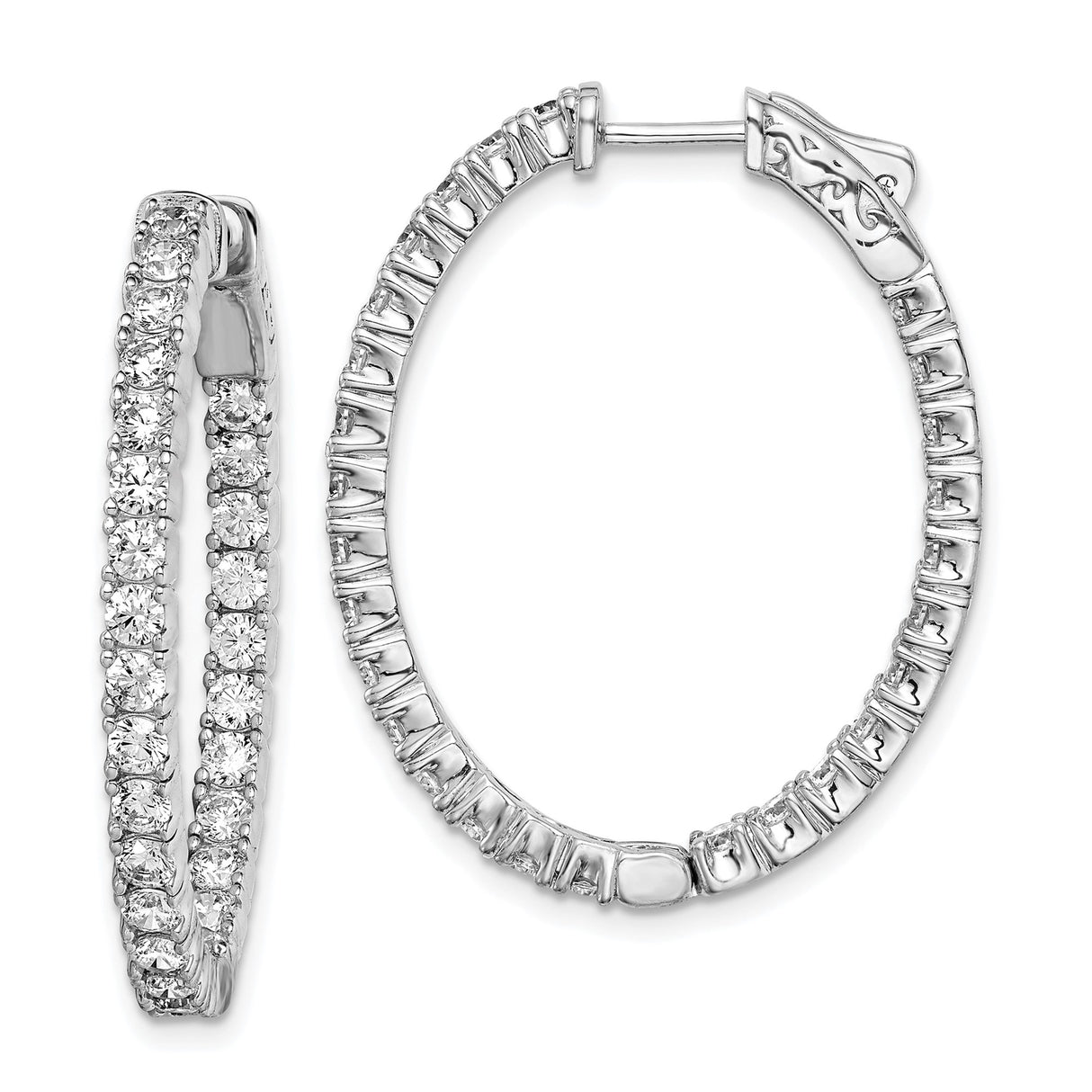 Sterling Silver Hoop Earrings with Cubic Zirconia, Rhodium Plated Medium Oval Design