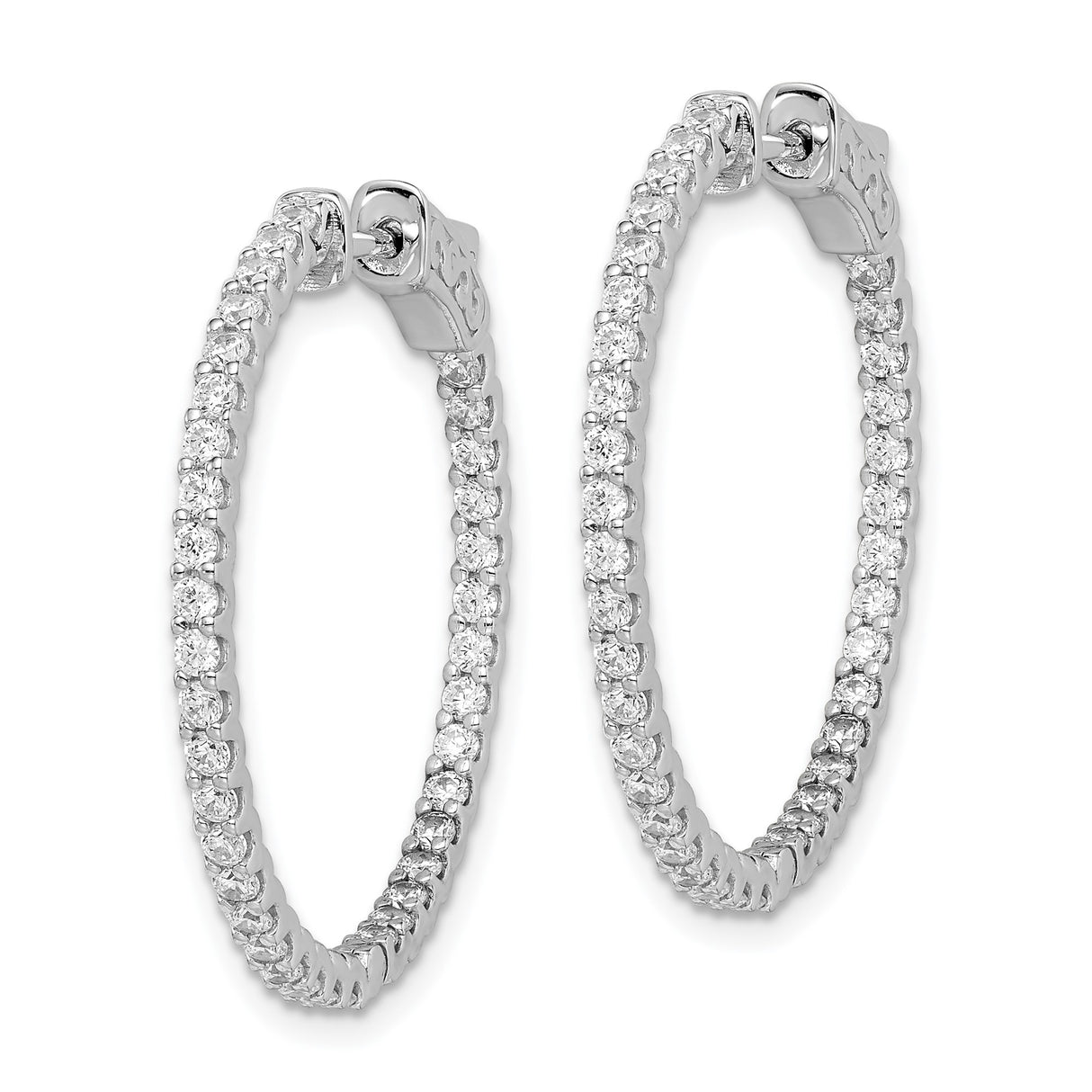 Sterling Silver Hoop Earrings with Double Row Cubic Zirconia, Scalloped Edge Design