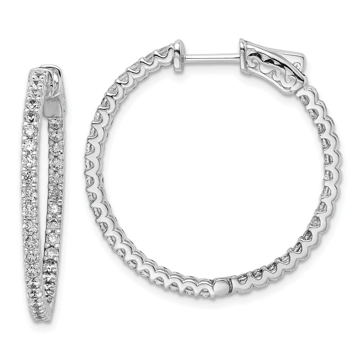 Sterling Silver Hoop Earrings with Double Row Cubic Zirconia, Scalloped Edge Design
