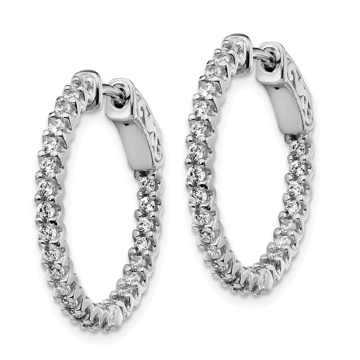Sterling Silver Hoop Earrings with Cubic Zirconia, Scrollwork Detail, Latch Back Clasp