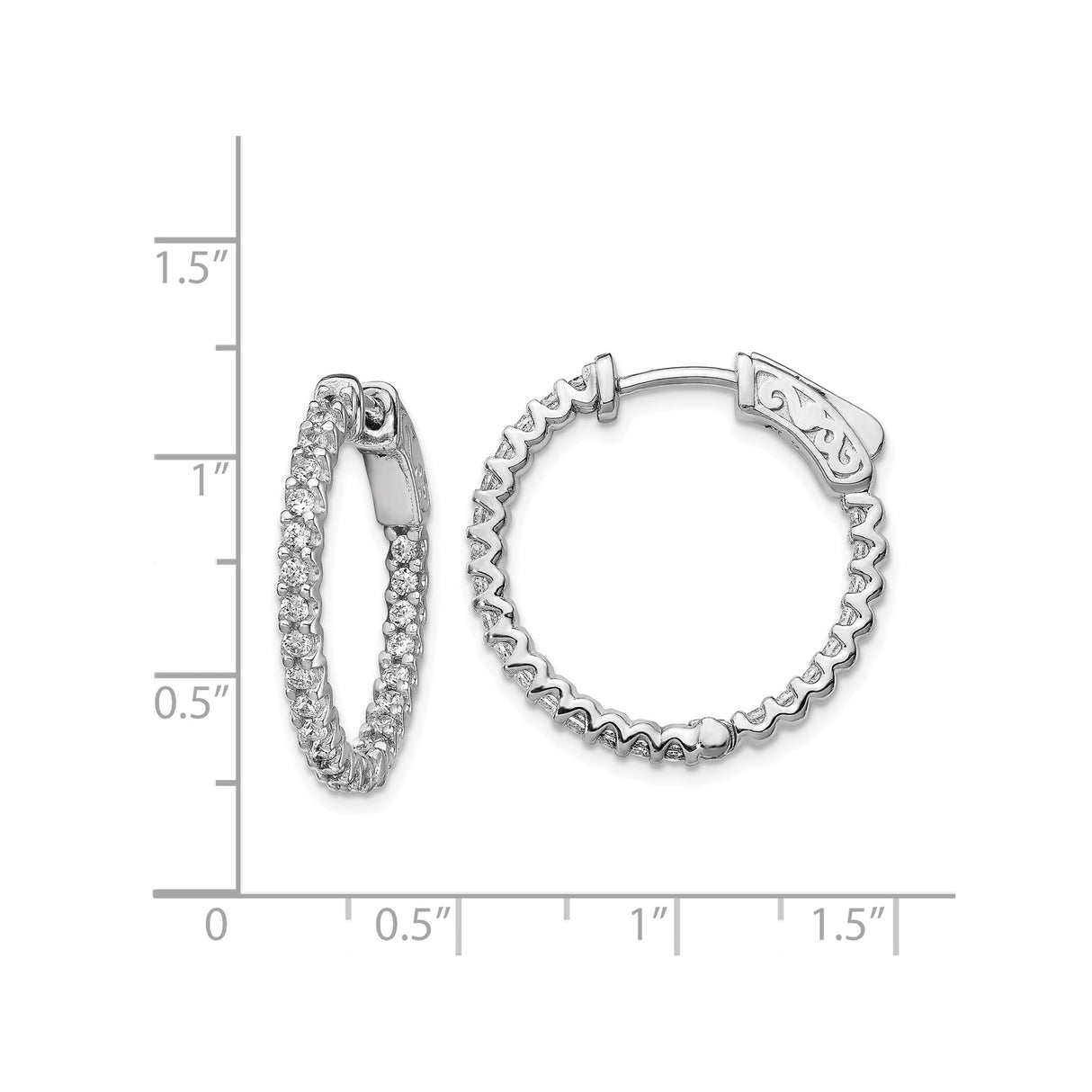 Sterling Silver Hoop Earrings with Cubic Zirconia, Scrollwork Detail, Latch Back Clasp