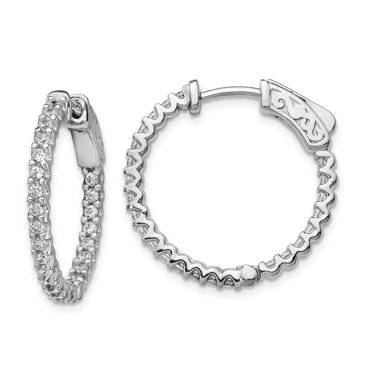 Sterling Silver Hoop Earrings with Cubic Zirconia, Scrollwork Detail, Latch Back Clasp