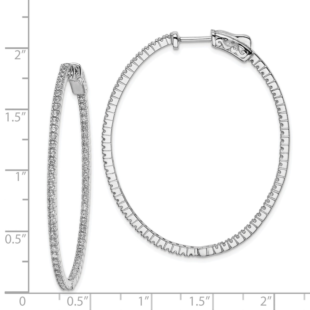 Sterling Silver Oval Hoop Earrings with Clear Cubic Zirconia, Slim Front-Facing Design