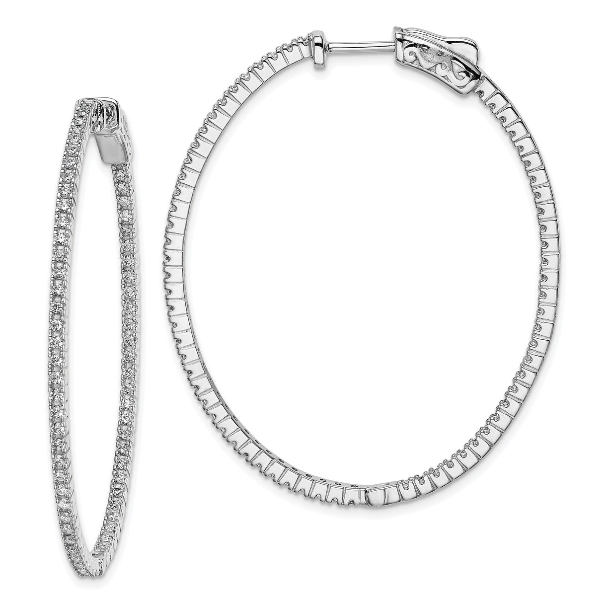 Sterling Silver Oval Hoop Earrings with Clear Cubic Zirconia, Slim Front-Facing Design