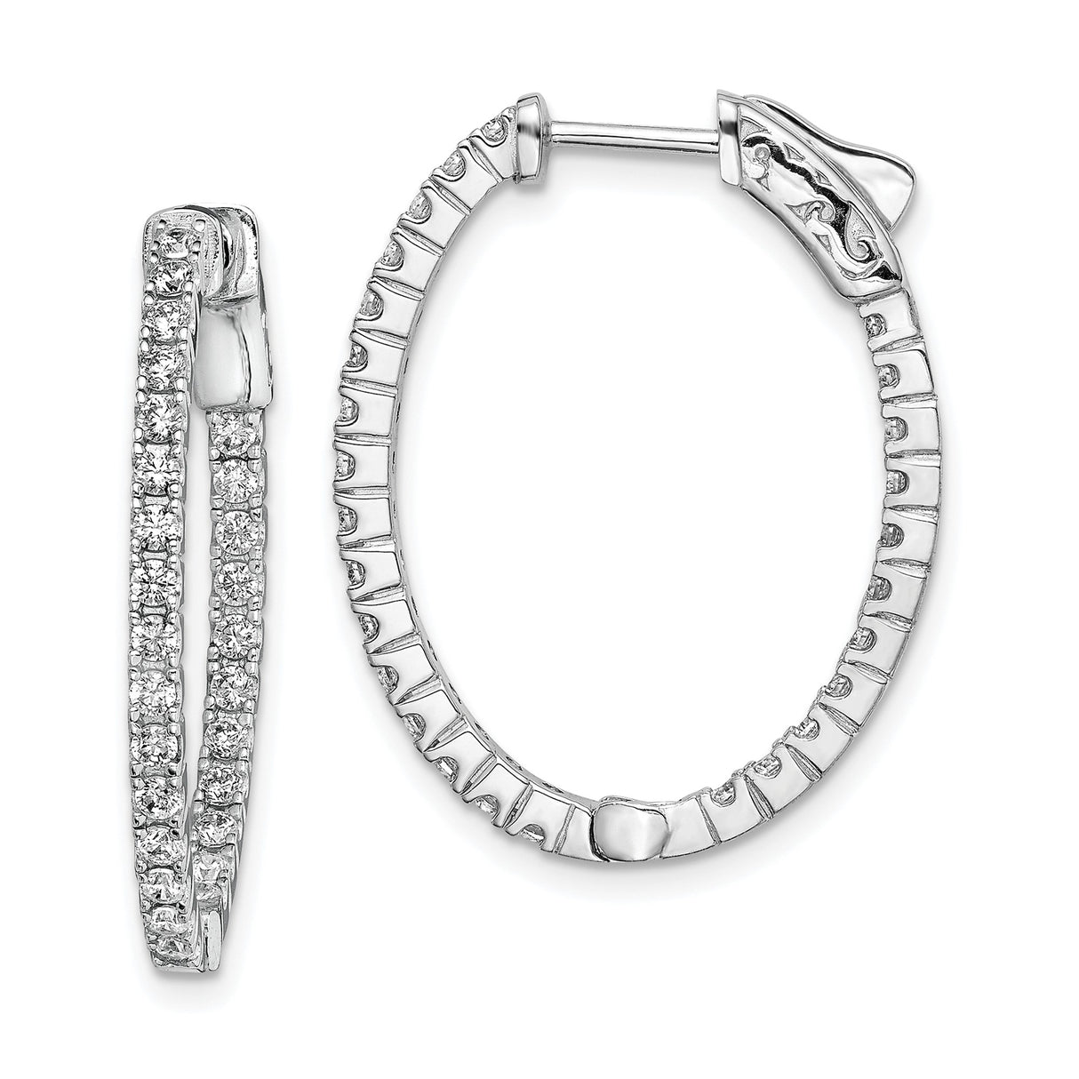 Sterling Silver Oval Hoop Earrings with Cubic Zirconia, Double Row In-Out Style