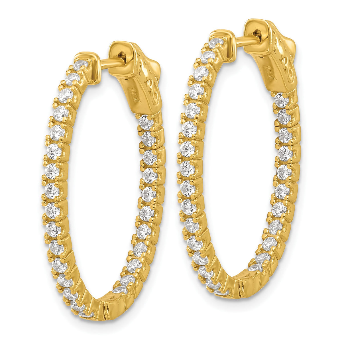 Sterling Silver Gold Plated Oval Hoop Earrings with Cubic Zirconia, Hinged Latch Design