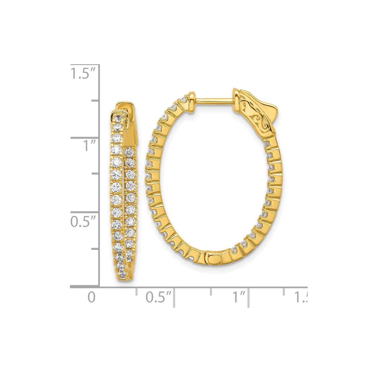 Sterling Silver Gold Plated Oval Hoop Earrings with Cubic Zirconia, Hinged Latch Design