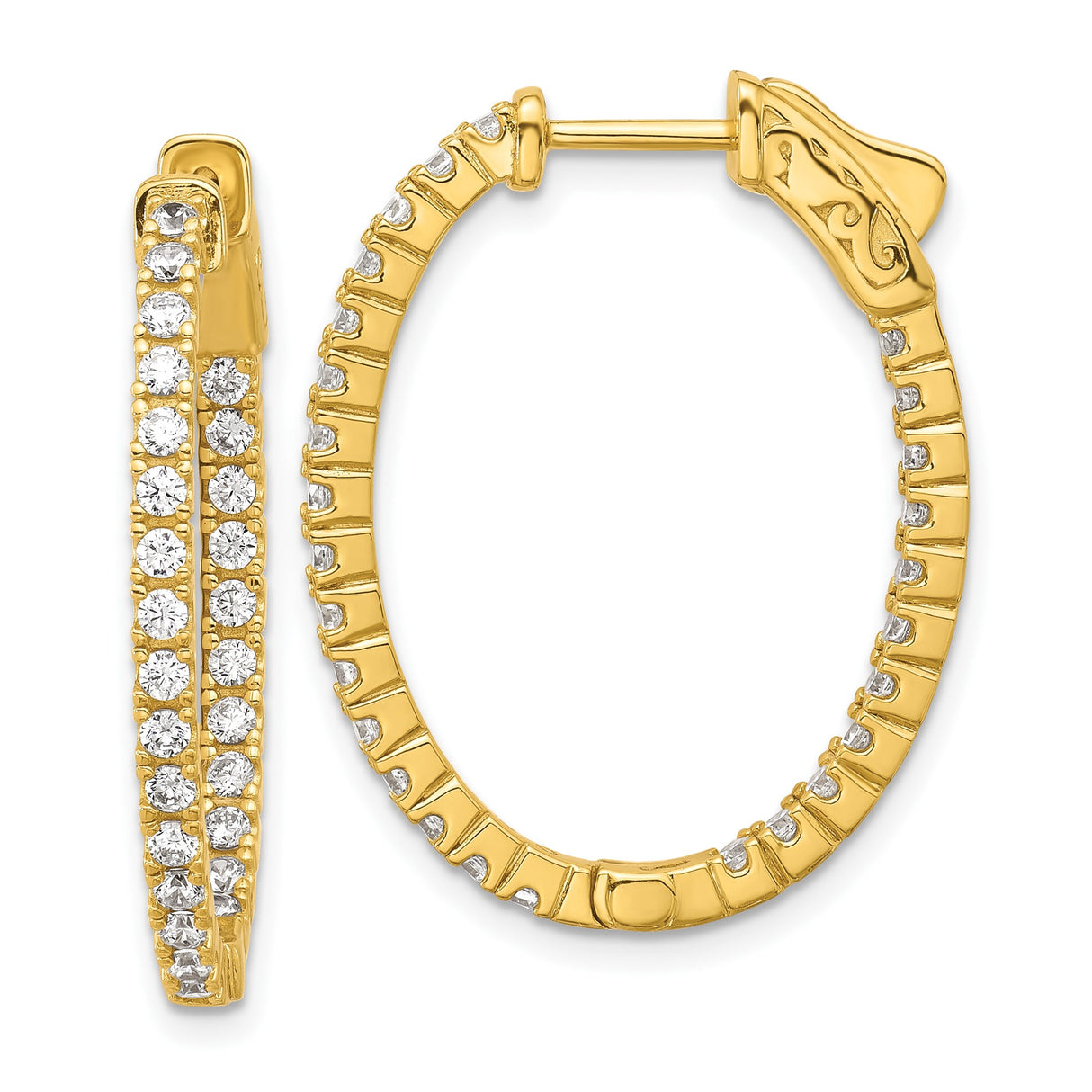 Sterling Silver Gold Plated Oval Hoop Earrings with Cubic Zirconia, Hinged Latch Design