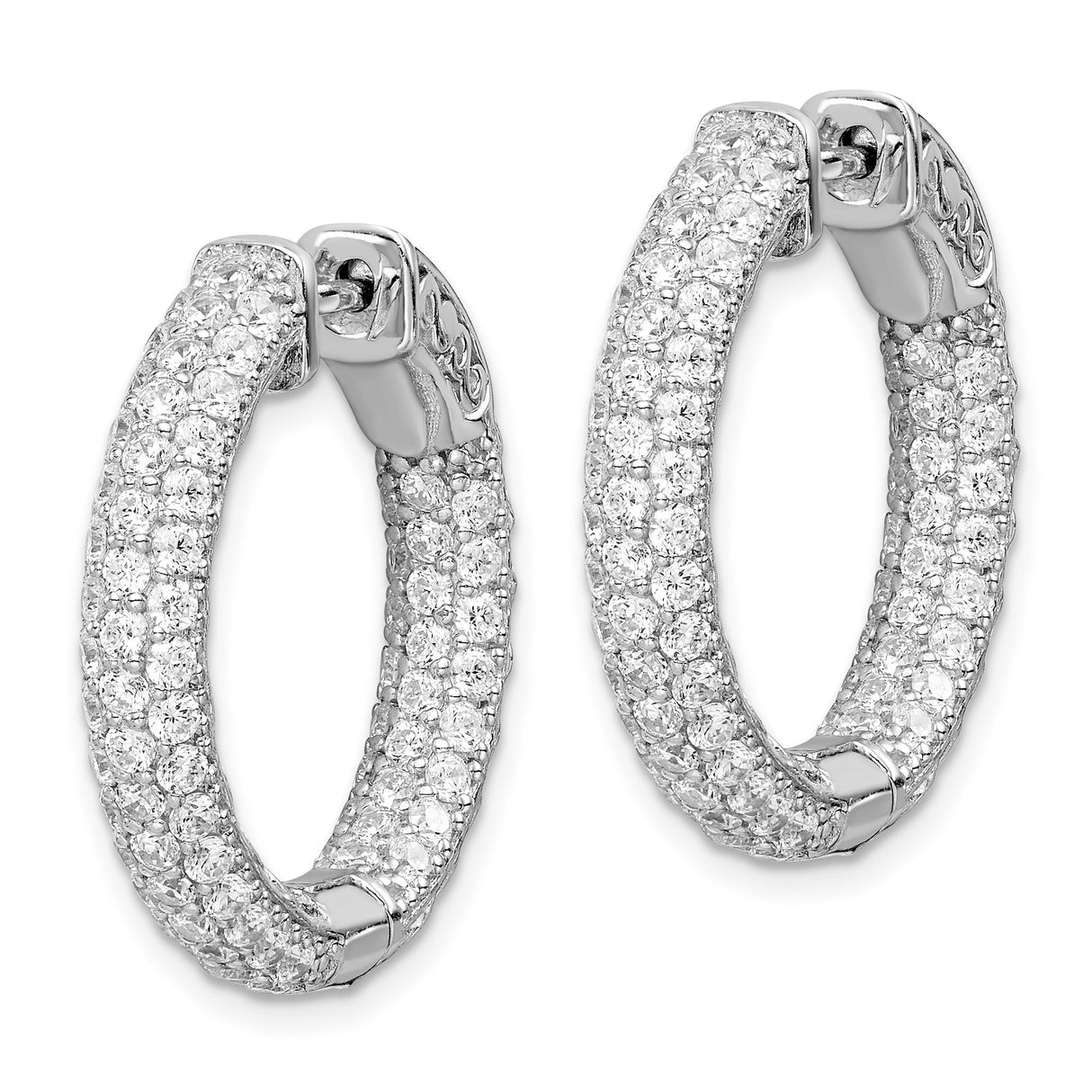 Sterling Silver Hoop Earrings with Triple Row Cubic Zirconia and Sparkling Interior Detail