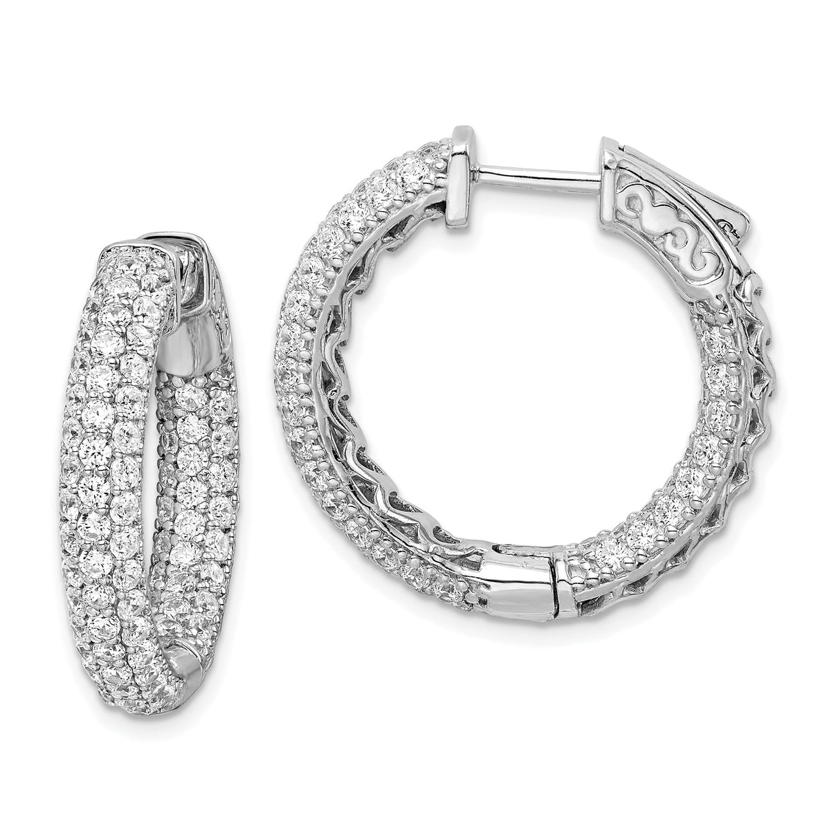 Sterling Silver Hoop Earrings with Triple Row Cubic Zirconia and Sparkling Interior Detail