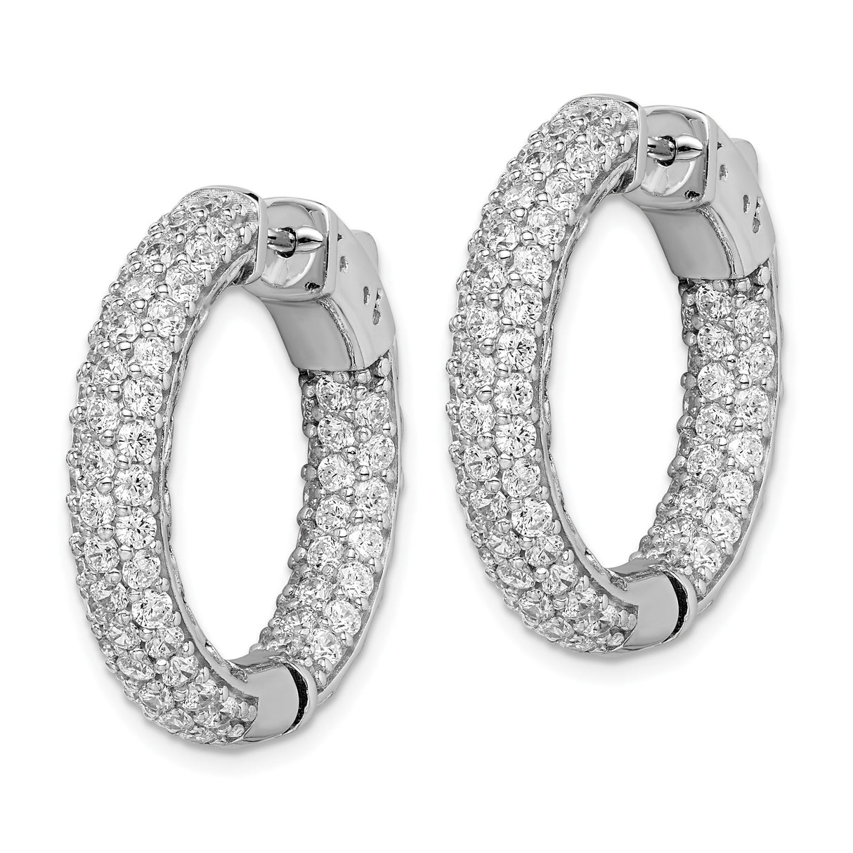 Sterling Silver Hoop Earrings with Three Rows of Round Cubic Zirconia, Pave In-Out Style