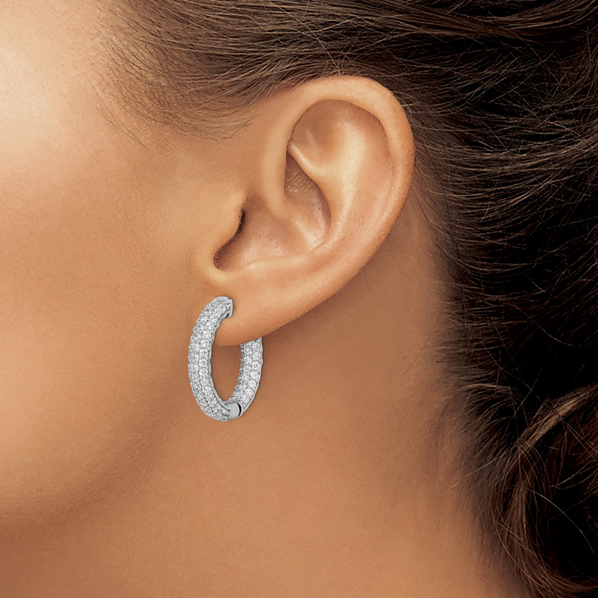 Sterling Silver Hoop Earrings with Three Rows of Round Cubic Zirconia, Pave In-Out Style