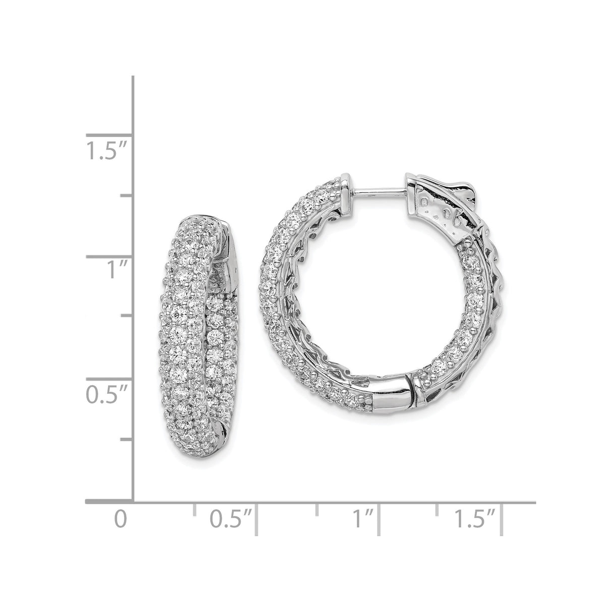 Sterling Silver Hoop Earrings with Three Rows of Round Cubic Zirconia, Pave In-Out Style