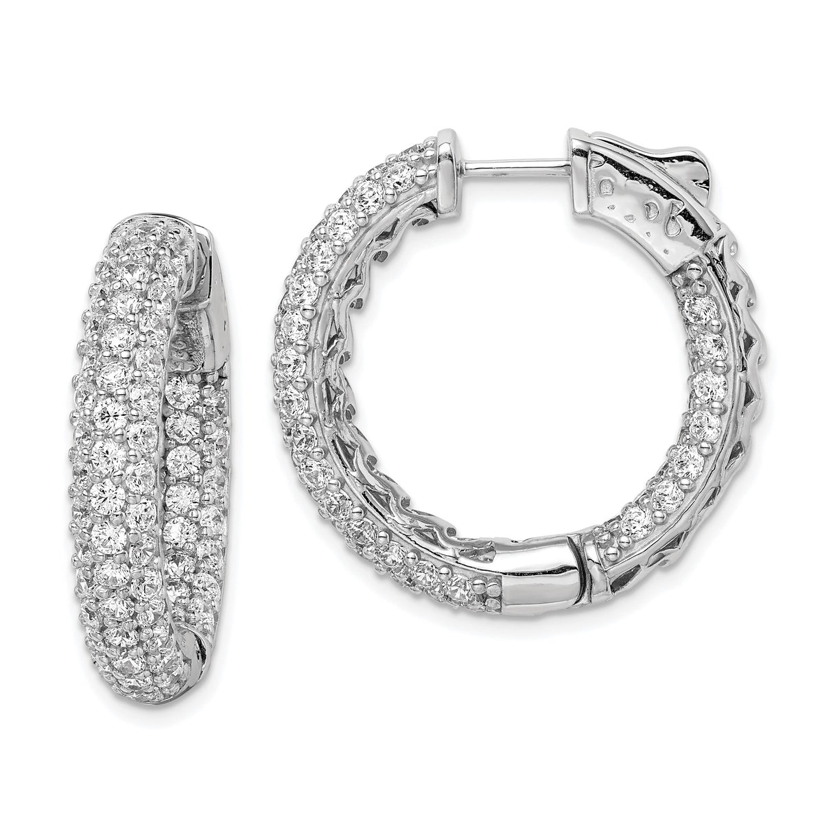 Sterling Silver Hoop Earrings with Three Rows of Round Cubic Zirconia, Pave In-Out Style