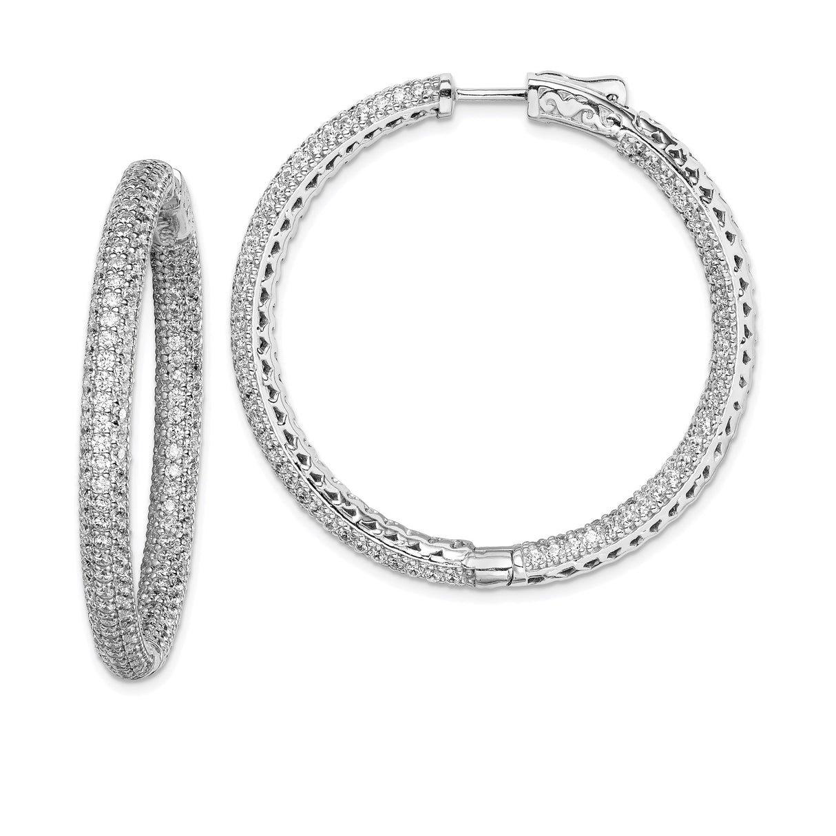 Sterling Silver Hoop Earrings with Pavé Cubic Zirconia, Round Lightweight Design