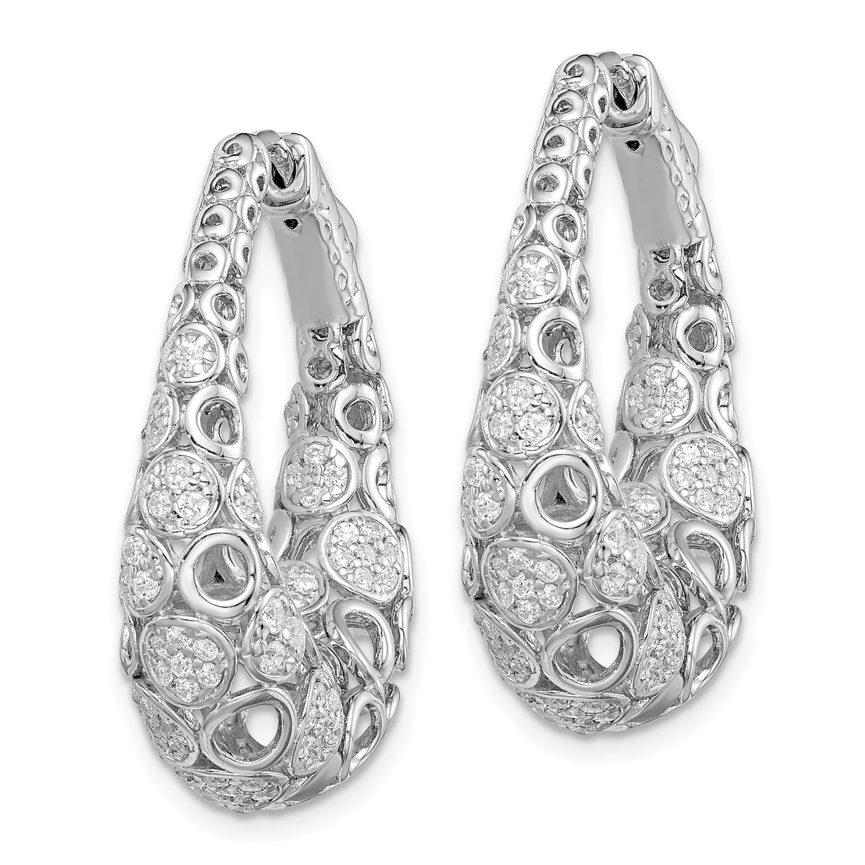 Sterling Silver Hoop Earrings with Cubic Zirconia, Abstract Openwork Design