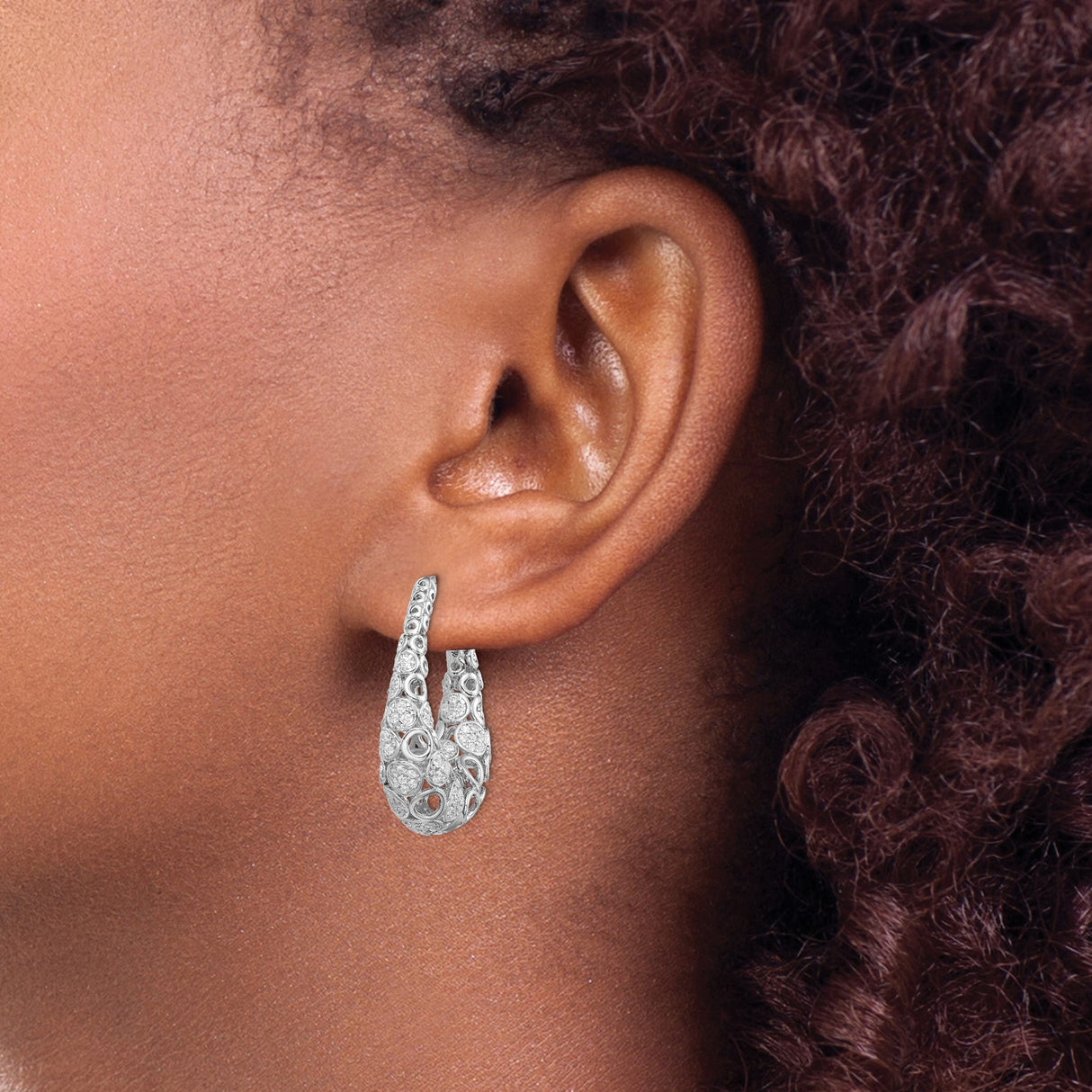 Sterling Silver Hoop Earrings with Cubic Zirconia, Abstract Openwork Design