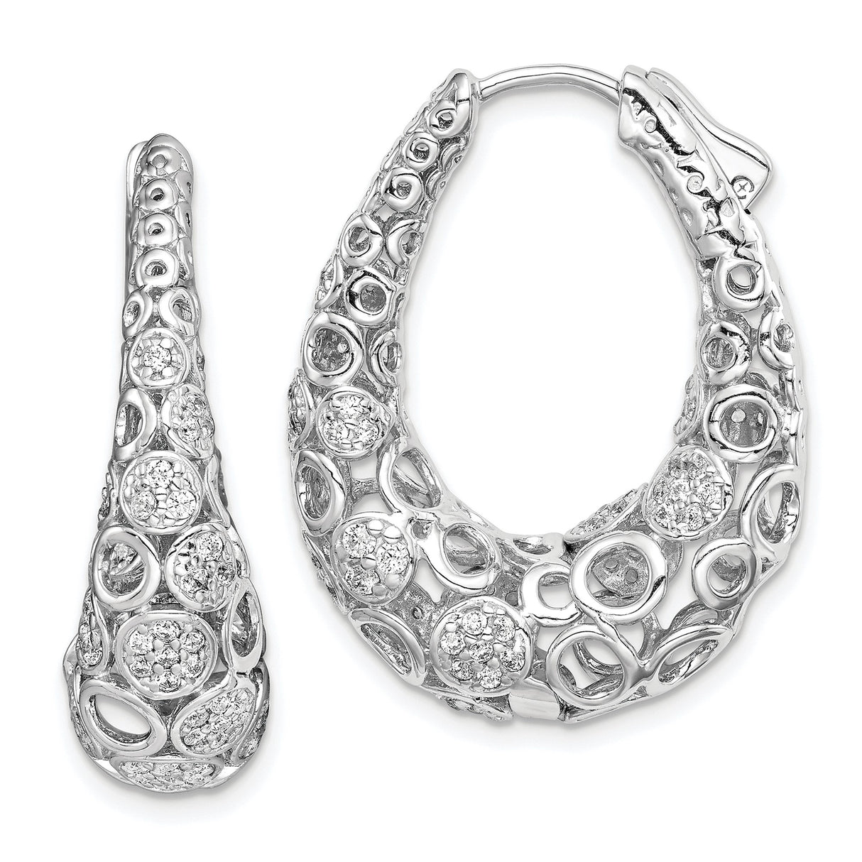 Sterling Silver Hoop Earrings with Cubic Zirconia, Abstract Openwork Design