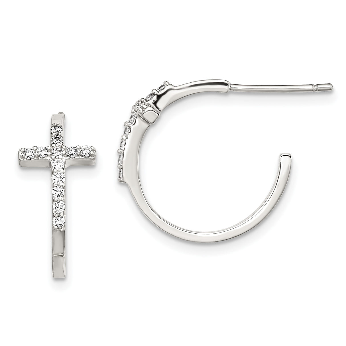 Sterling Silver Cross Pendant and Hoop Earrings Set with Cubic Zirconia, Unisex Religious Design