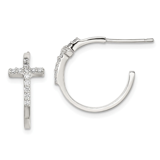 Sterling Silver Cross Pendant and Hoop Earrings Set with Cubic Zirconia, Unisex Religious Design