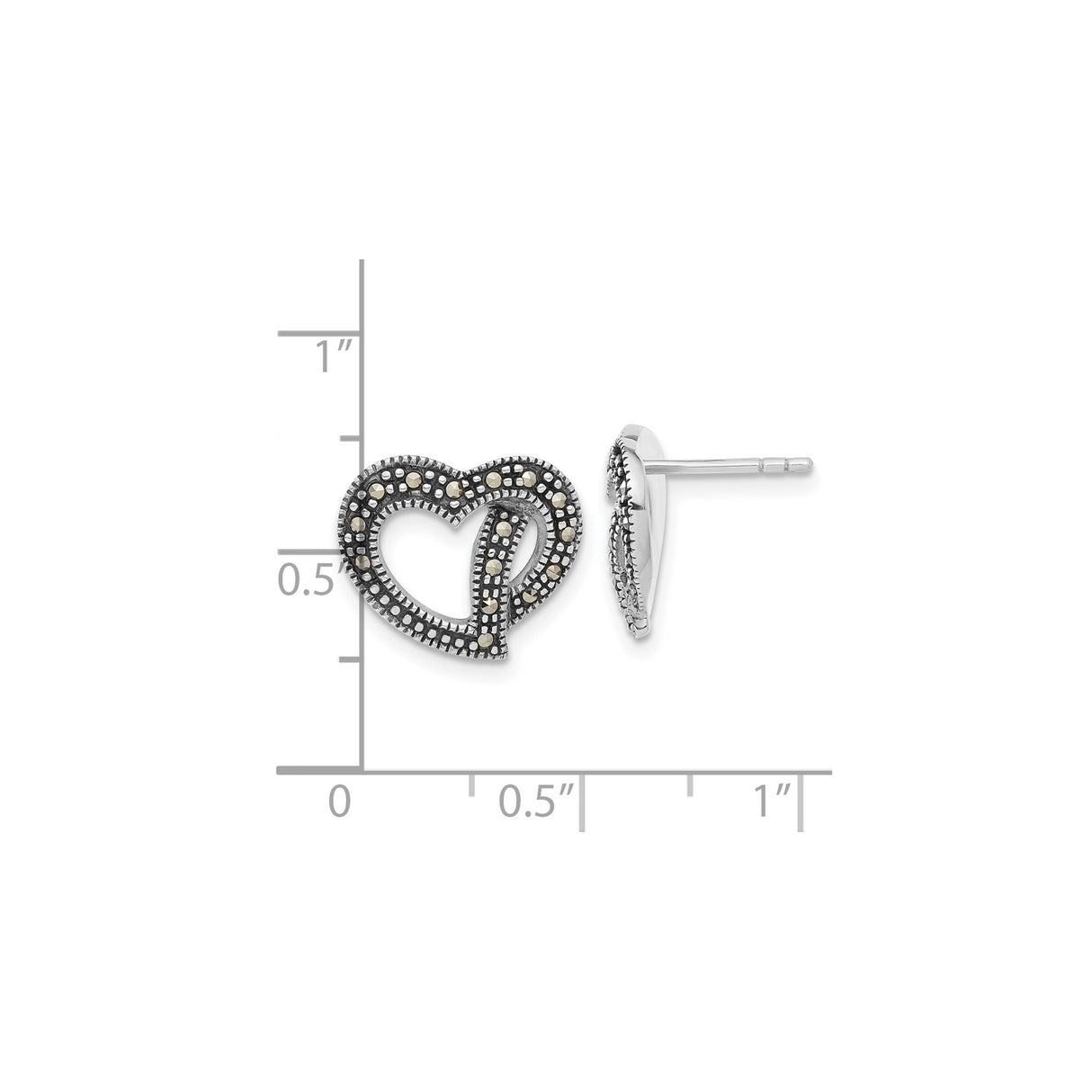 Sterling Silver Heart Shaped Stud Earrings with Marcasite Accents, Intertwined Open Heart Design