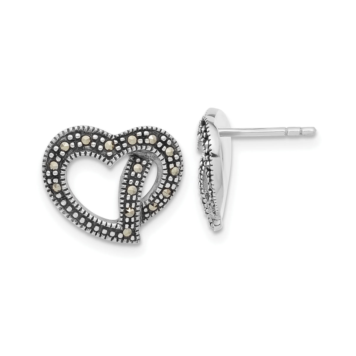 Sterling Silver Heart Shaped Stud Earrings with Marcasite Accents, Intertwined Open Heart Design