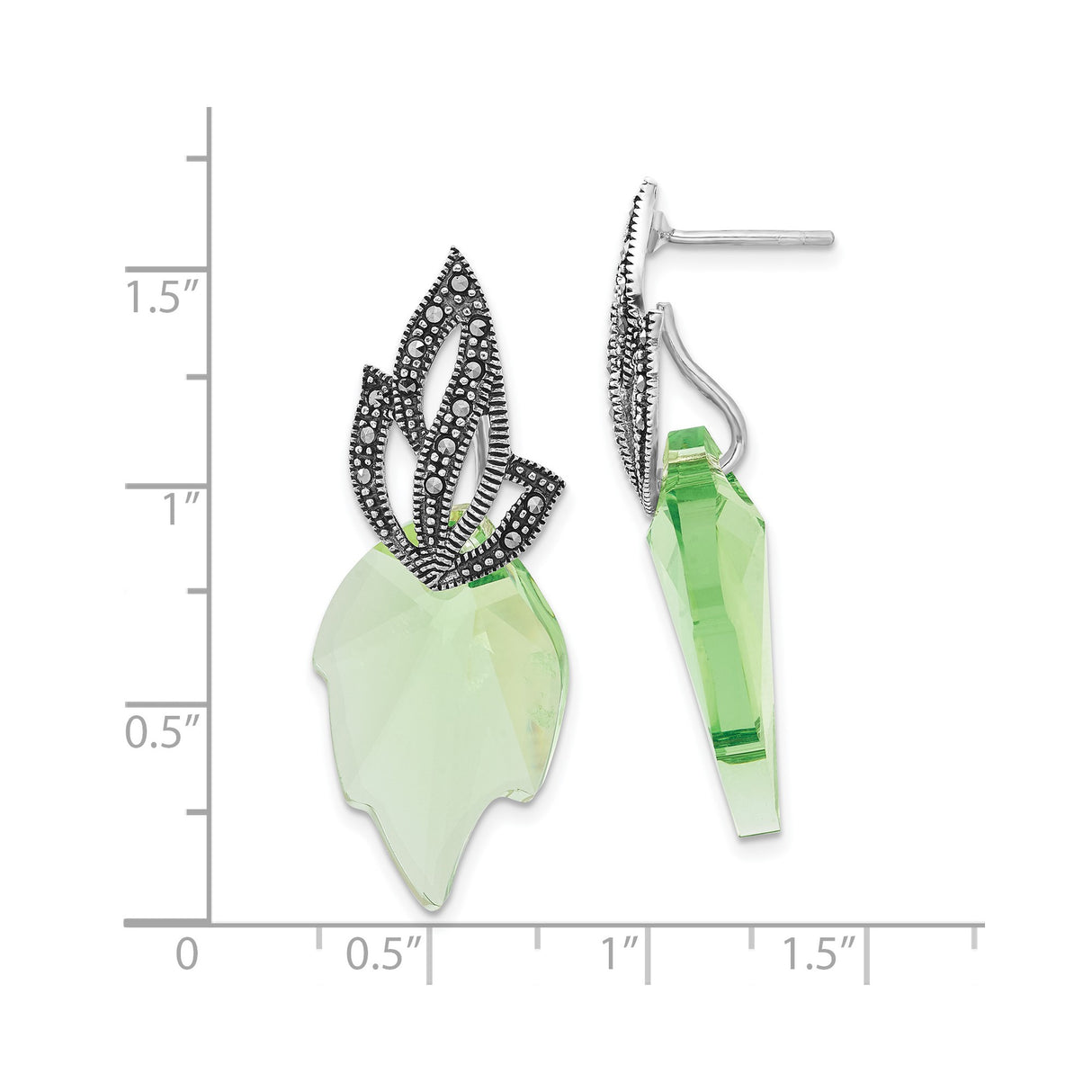 Sterling Silver Drop Earrings with Green Crystal and Marcasite, Leaf Motif, Art Nouveau Style