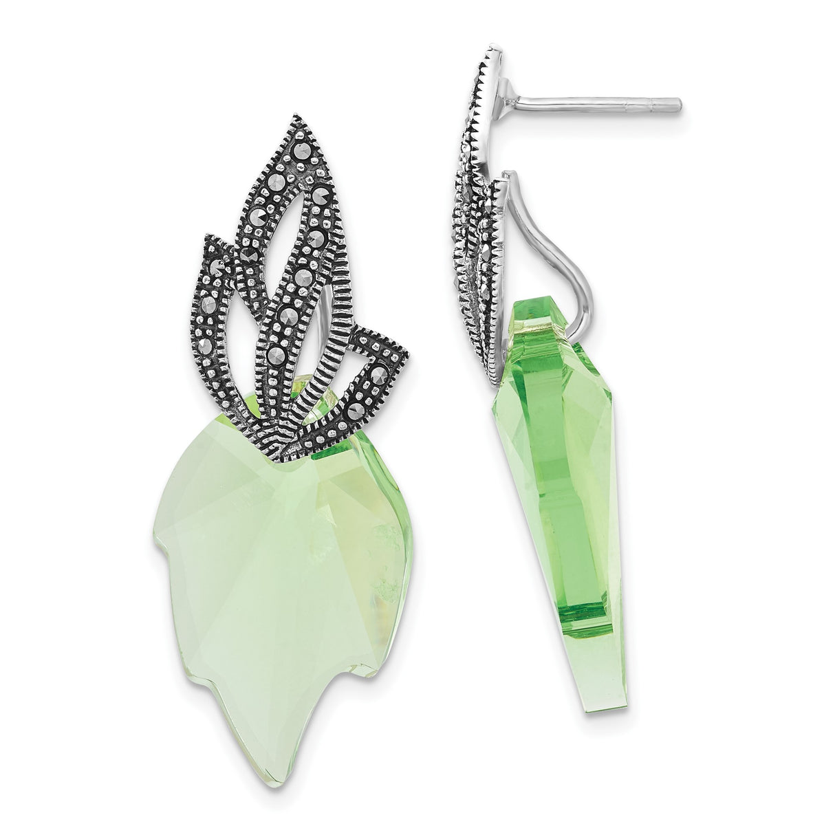 Sterling Silver Drop Earrings with Green Crystal and Marcasite, Leaf Motif, Art Nouveau Style