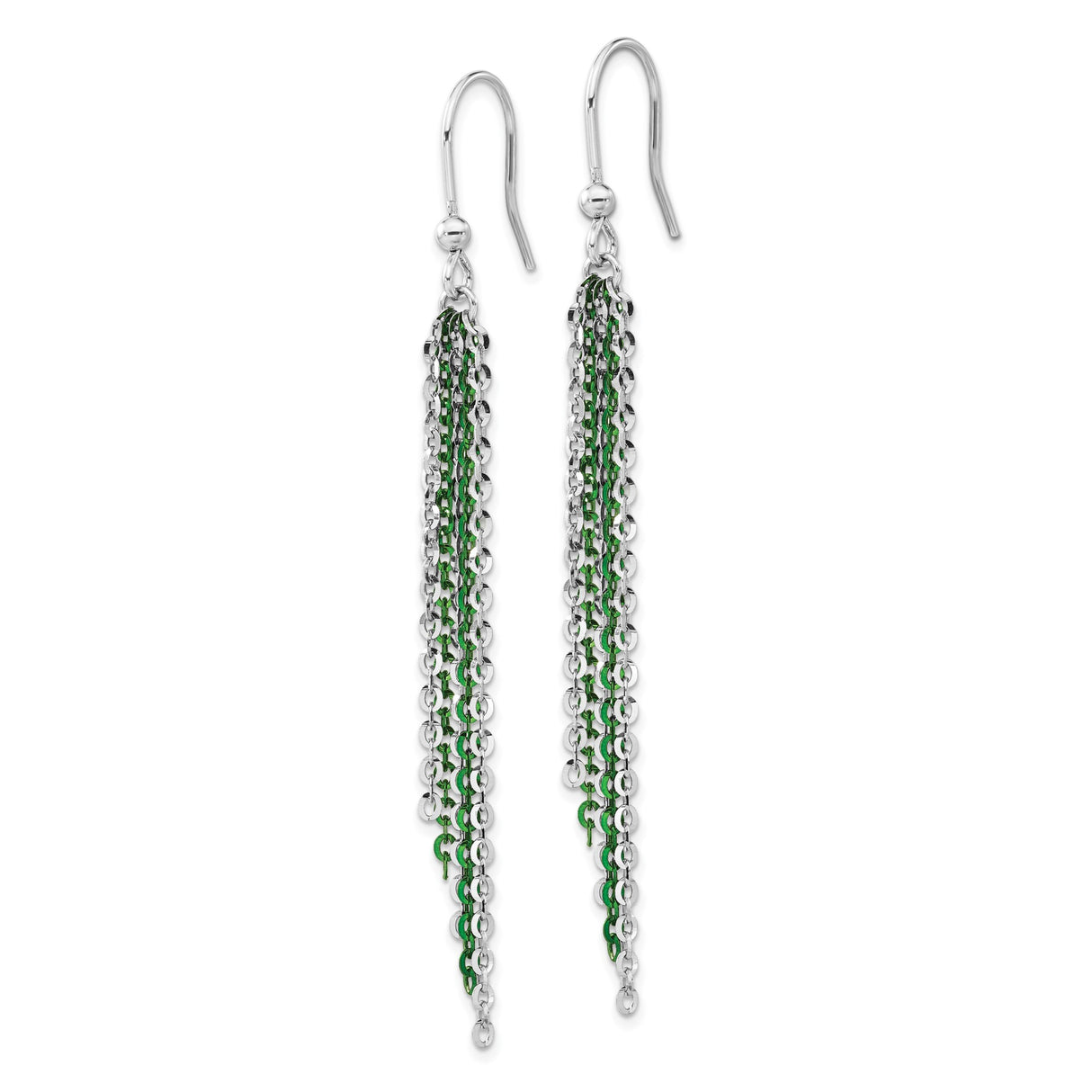 Sterling Silver Tassel Earrings, Long Multi-Strand Dangle with Subtle Green Accents