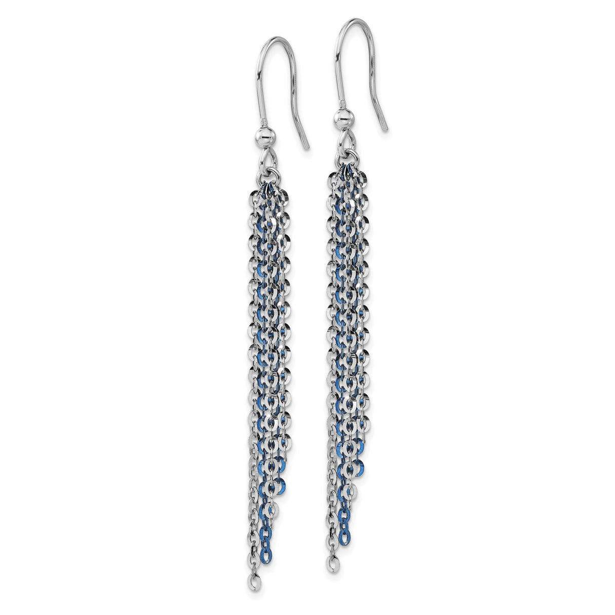 Sterling Silver Tassel Earrings with Long Cascading Blue and Silver Chain Strands, Modern Dangle Design