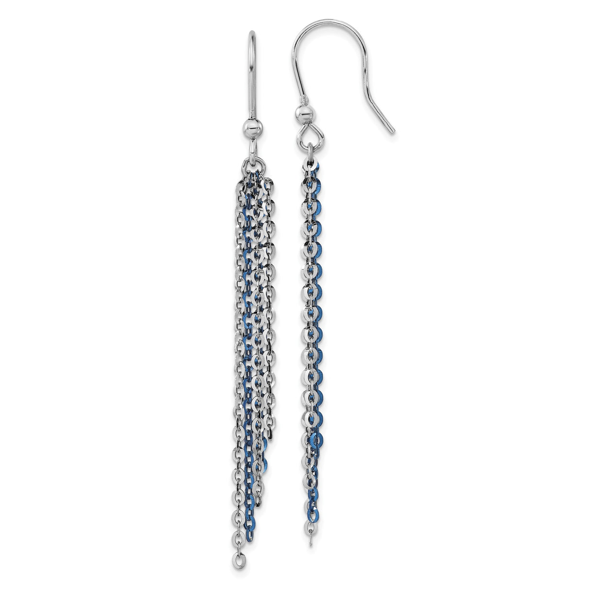 Sterling Silver Tassel Earrings with Long Cascading Blue and Silver Chain Strands, Modern Dangle Design