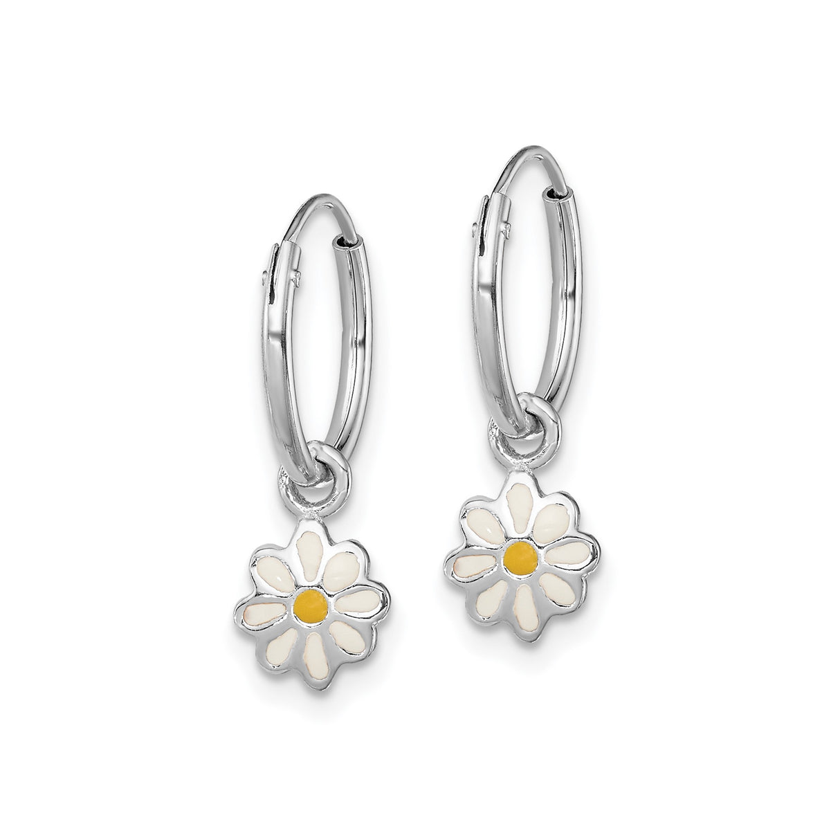 Sterling Silver Hoop Earrings with White and Yellow Enamel Daisy Charms, Floral Design