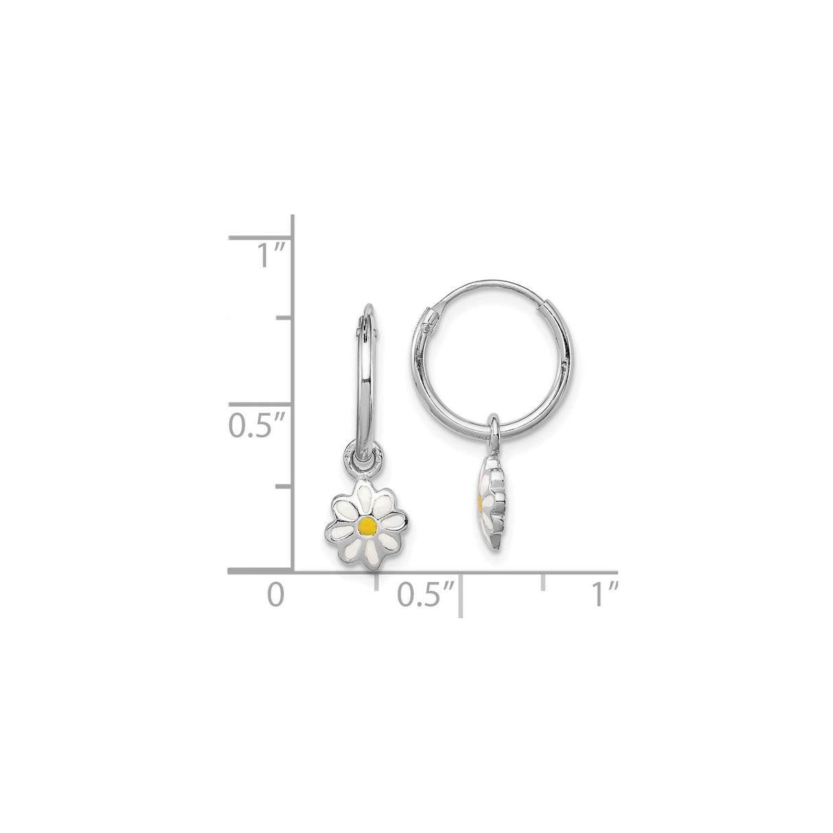 Sterling Silver Hoop Earrings with White and Yellow Enamel Daisy Charms, Floral Design