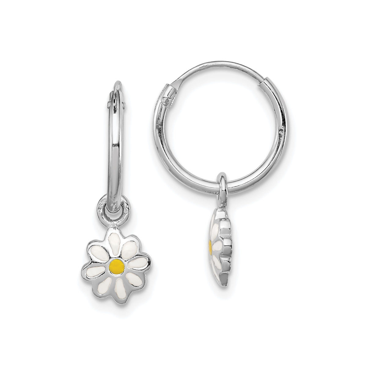 Sterling Silver Hoop Earrings with White and Yellow Enamel Daisy Charms, Floral Design