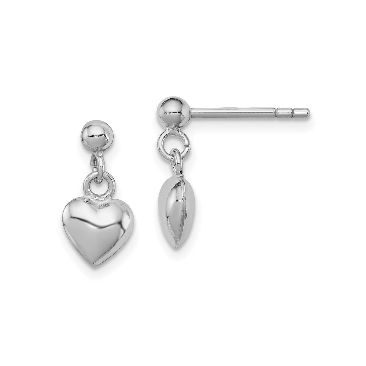 Sterling Silver Heart Dangle Stud Earrings with Polished Puffed Charms for Women