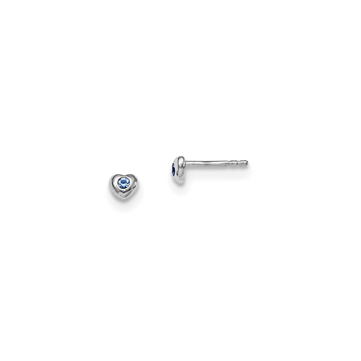 Sterling Silver Heart Shaped Stud Earrings with Blue Crystal Center, Minimalist Jewelry for Women or Girls