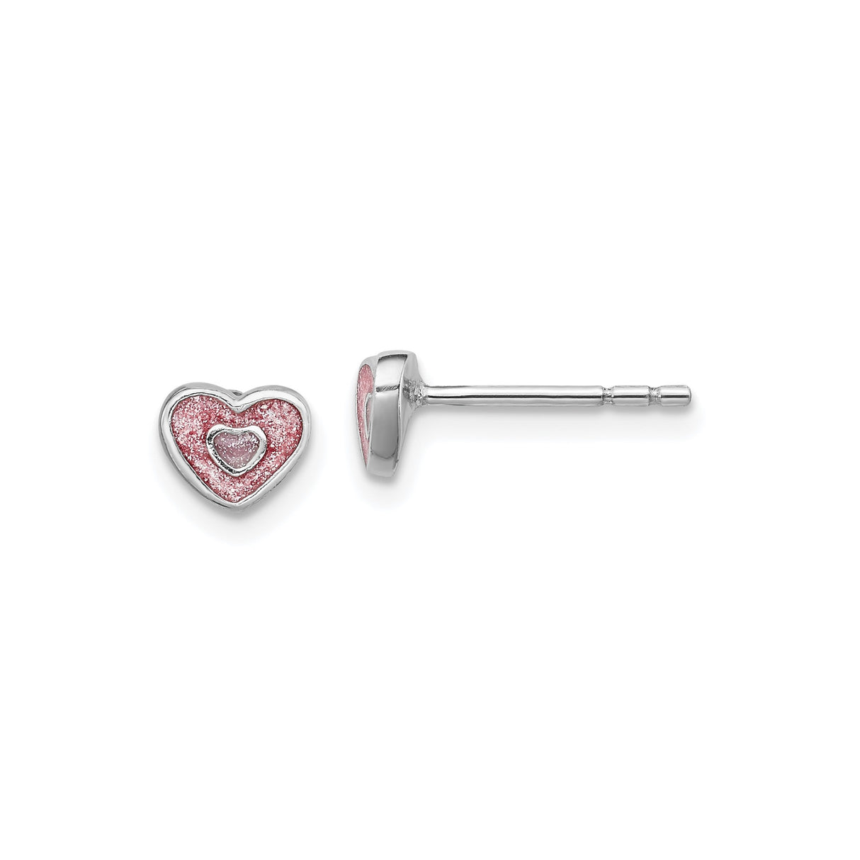 Sterling Silver Heart Stud Earrings with Pink Enamel, Double Heart Design, Lightweight and Dainty