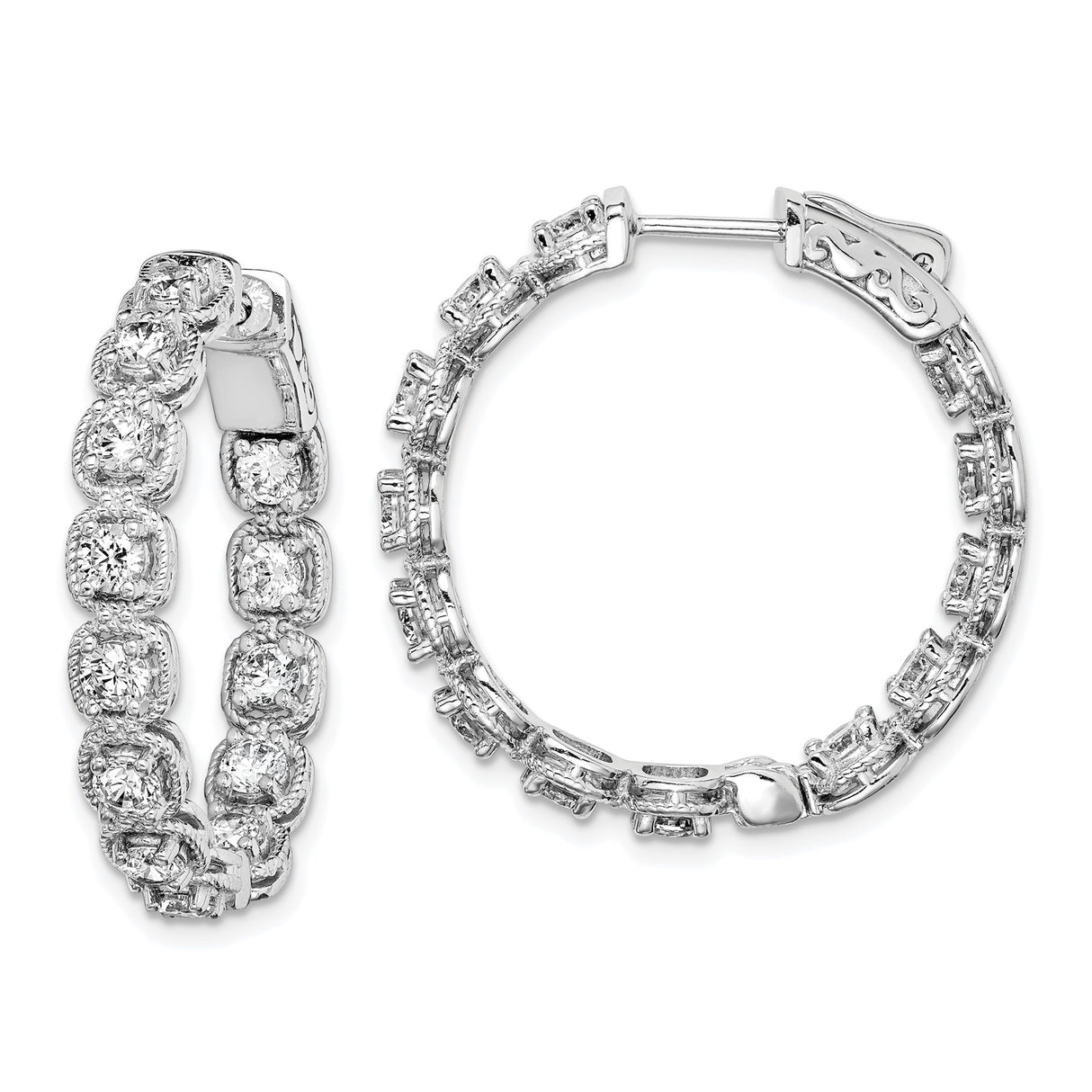 Sterling Silver Hoop Earrings with Cushion Cut Cubic Zirconia, Milgrain Detailing, Vintage Style