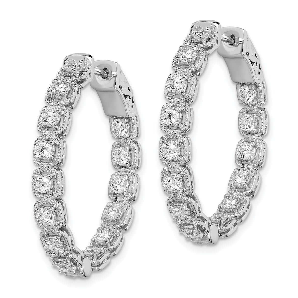 Sterling Silver Hoop Earrings with Cushion Cut and Round Cubic Zirconia, Double Row Design