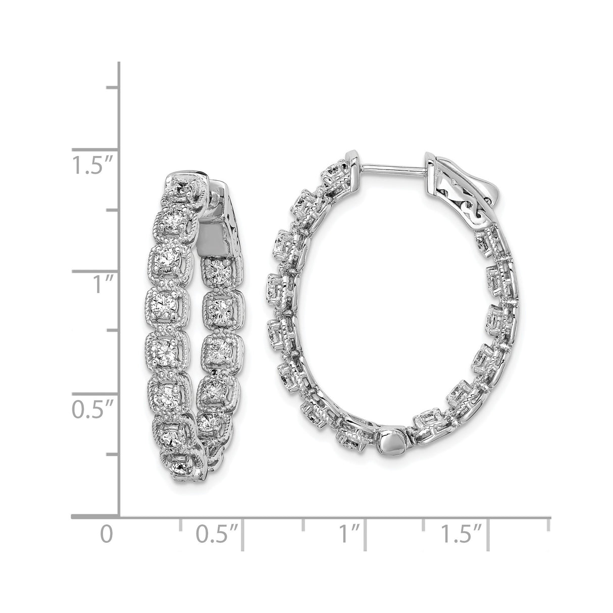 Sterling Silver Hoop Earrings with Cushion Cut and Round Cubic Zirconia, Double Row Design