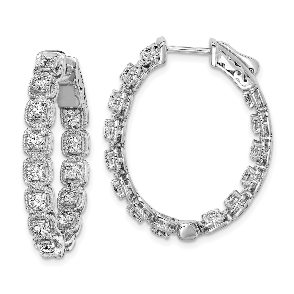 Sterling Silver Hoop Earrings with Cushion Cut and Round Cubic Zirconia, Double Row Design