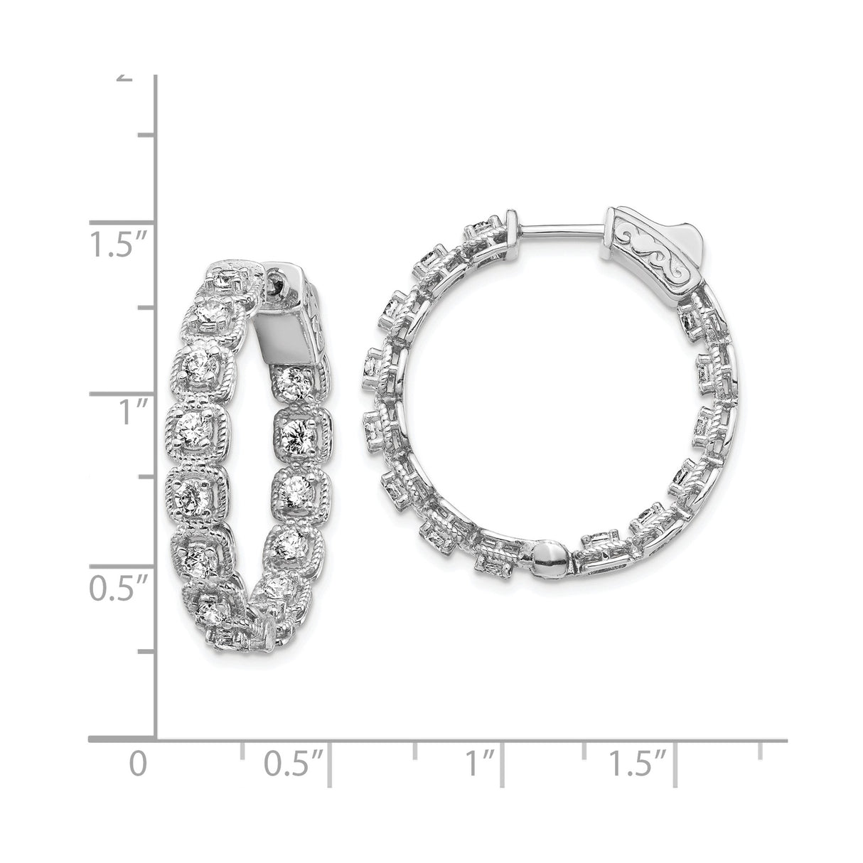 Sterling Silver Hoop Earrings with Round and Cushion Cubic Zirconia, Vintage Milgrain Detail